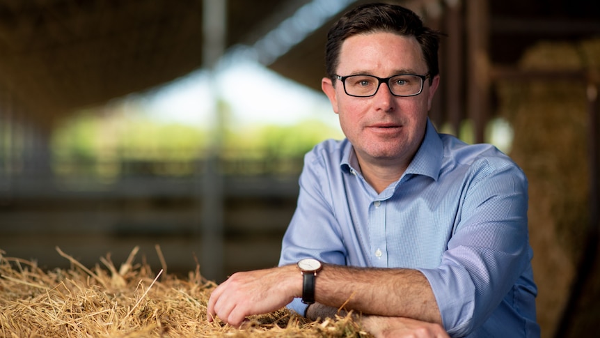A man with dark hair and glasses is wearing a blue collared shirt at a cattle yard.