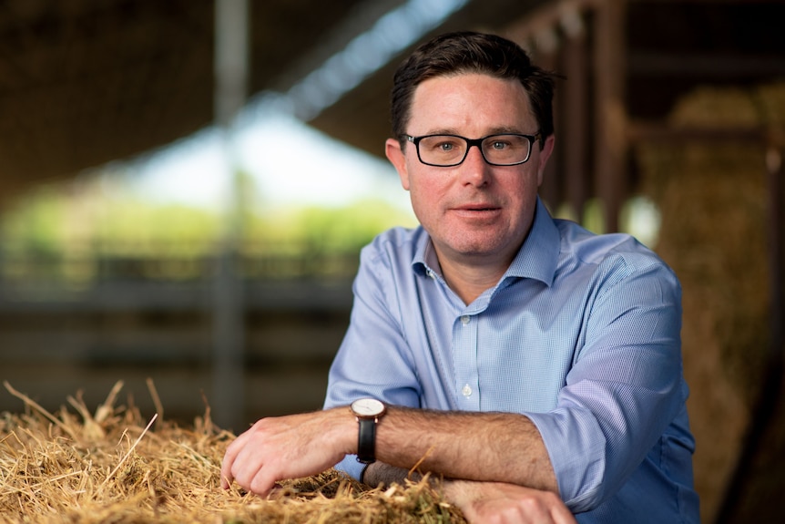 A man with dark hair and glasses is wearing a blue collared shirt at a cattle yard.