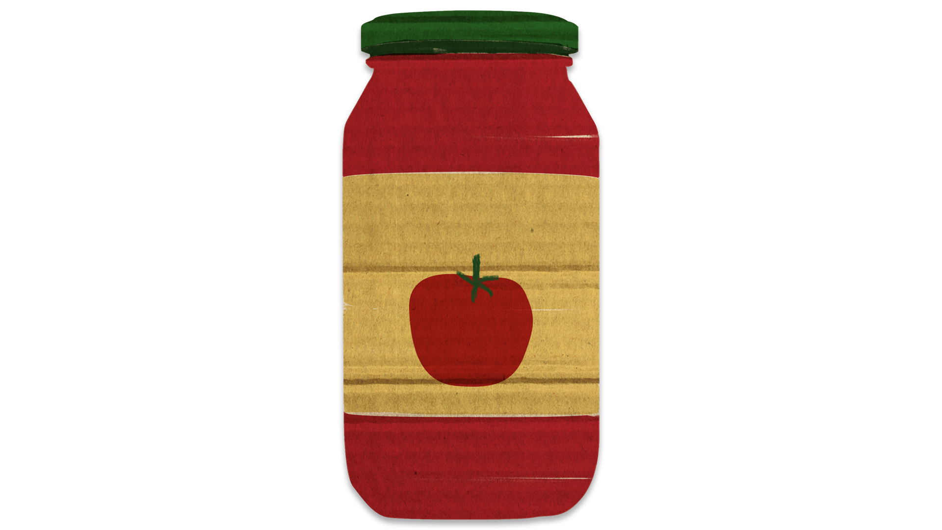 An illustration of a jar with a tomato on the label. The illustration is on a cardboard texture.