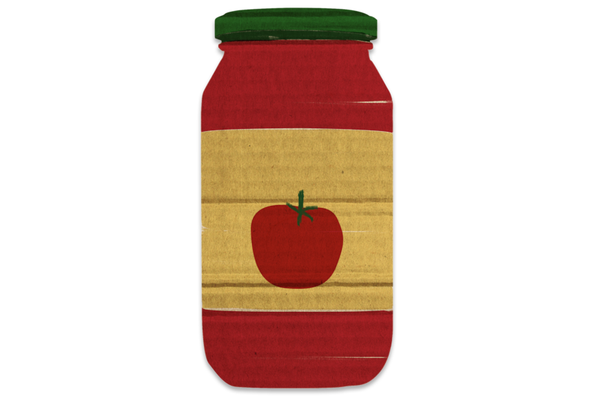 An illustration of a jar with a tomato on the label. The illustration is on a cardboard texture.