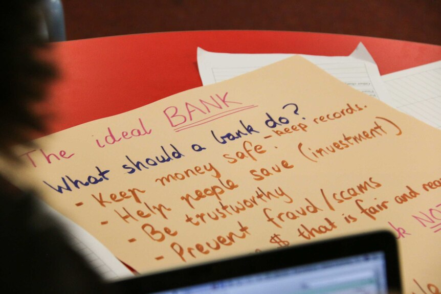 A list written by school children which outlines what the ideal bank should do.