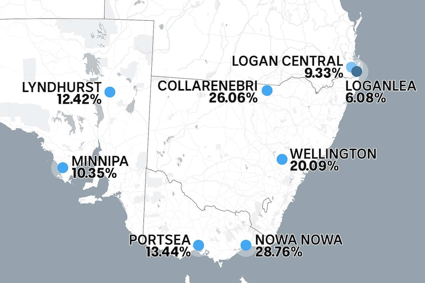 A map showing the worst two towns in the eastern states for electricity disconnections.