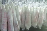 Goat carcasses in white bags hanging from hooks in an abattoir cold room.
