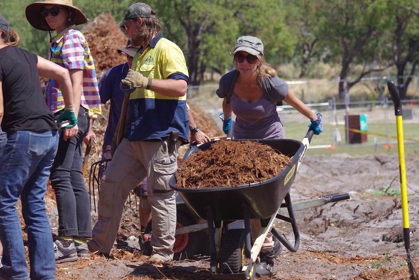 Volunteers spreading much as one of the first steps to restoring the natural landscape in the area.