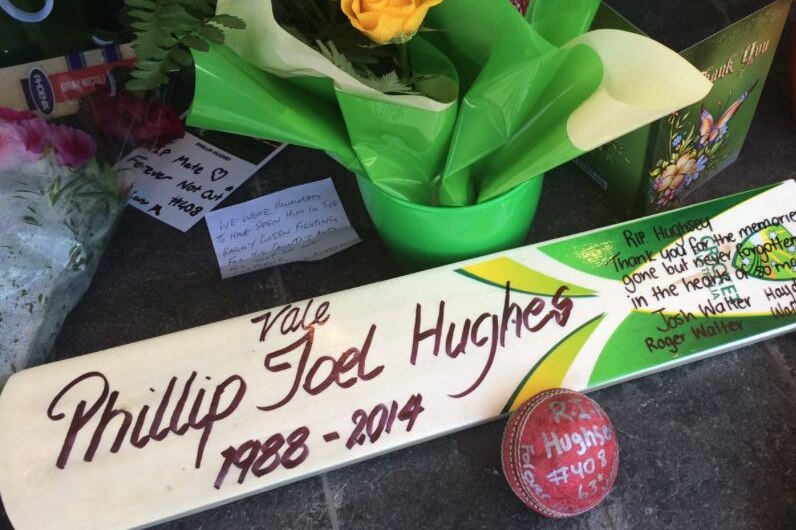 Cricket bat put out in tribute to Phillip Hughes.