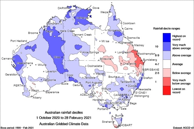 A map showing rainfall deciles in Queensland.