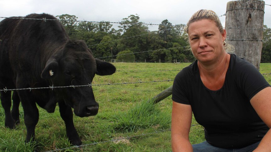 Mieke Fortune crouching in front of a barbed wire fence, with a black cow on the left.