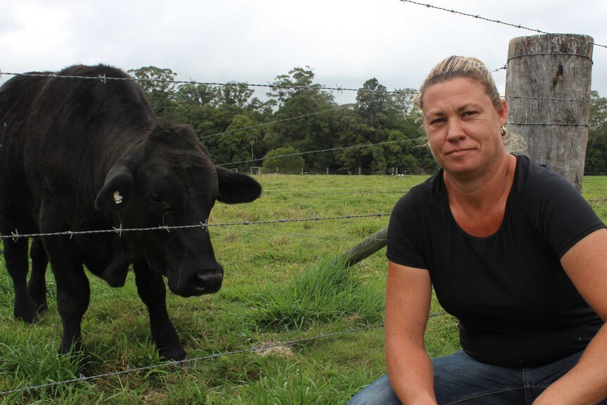 Mieke Fortune crouching in front of a barbed wire fence, with a black cow on the left.