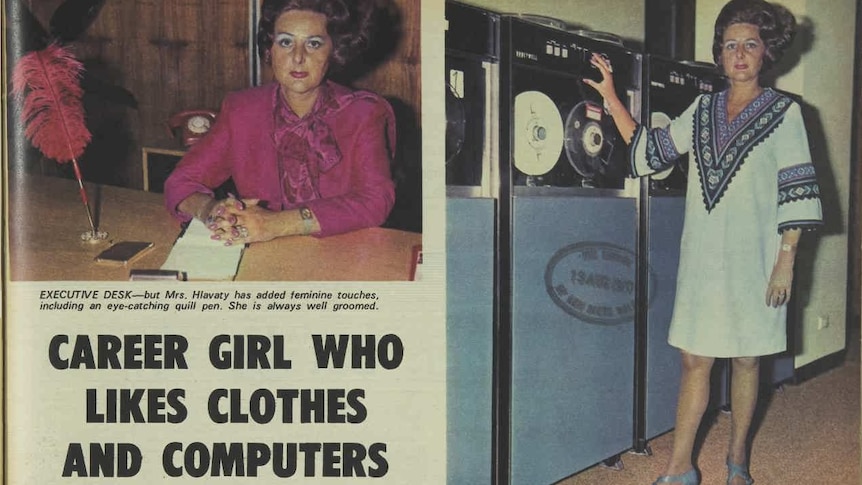 Newspaper clipping of a woman, Lee Hlavaty, dressed in very 70s clothing behind a desk, and in front of early computers.