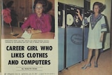 Newspaper clipping of a woman, Lee Hlavaty, dressed in very 70s clothing behind a desk, and in front of early computers.