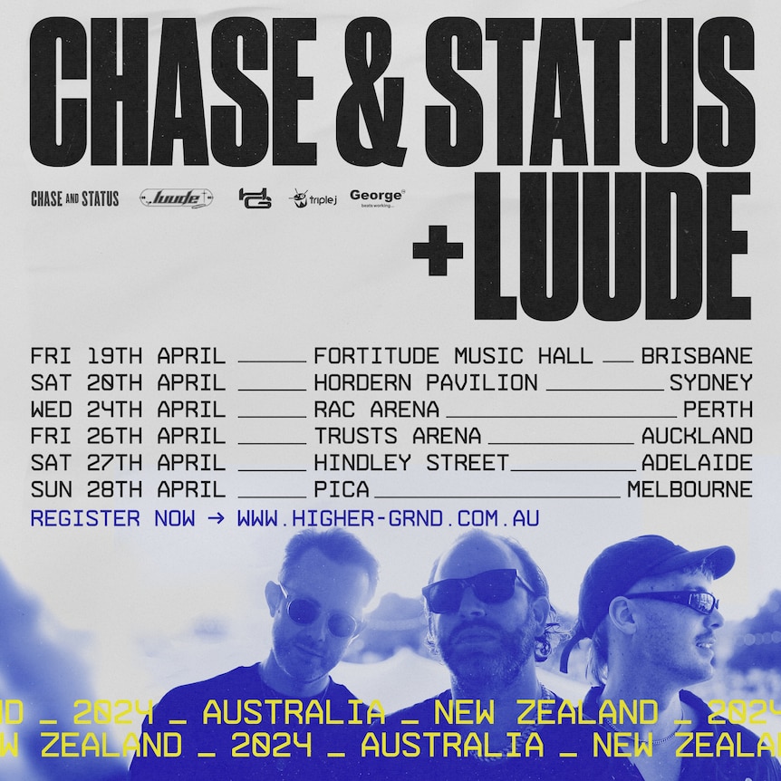 Grey and blue poster promoting Chase and Status and Luude's 2024 Australian tour