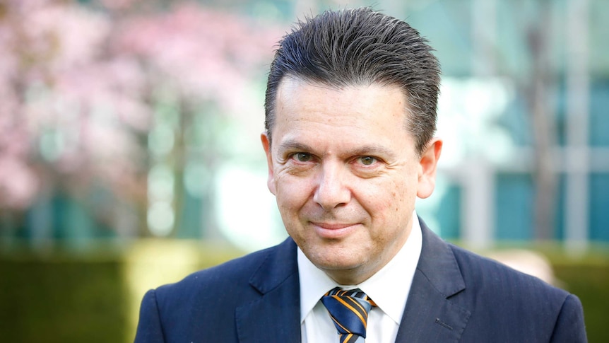 Former South Australian senator Nick Xenophon in a courtyard of Parliament House, with a blue suit and blue and orange tie.