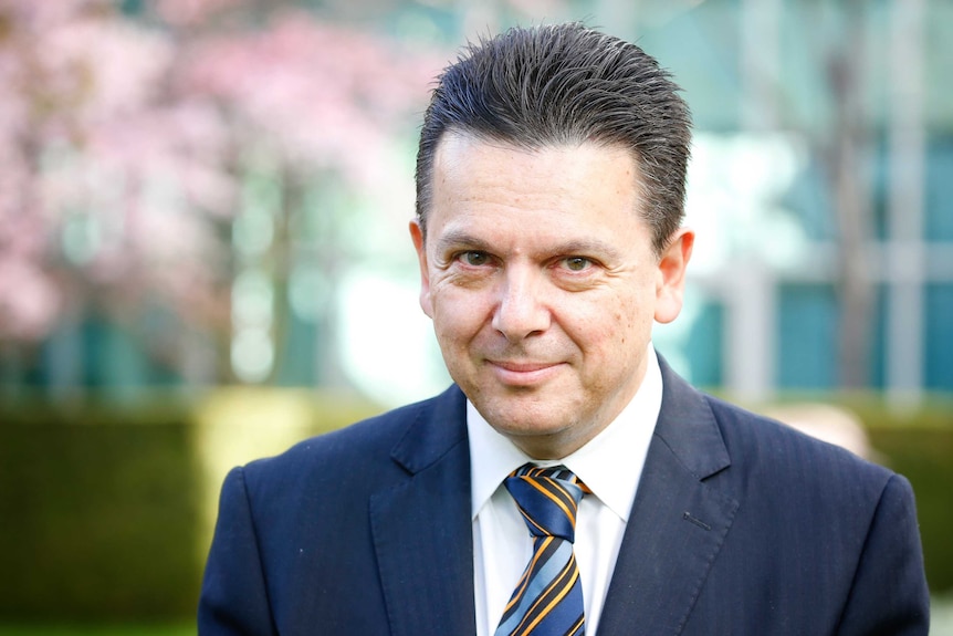 Former South Australian senator Nick Xenophon in a courtyard of Parliament House, with a blue suit and blue and orange tie.