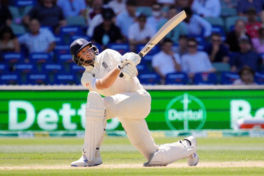 Joe Root, on one knee with his bat in the air, looks up in the air