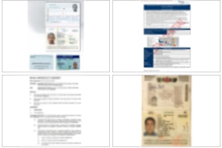 Blurry screenshots of personal ID documents like passports, and other documents marked "confidential".