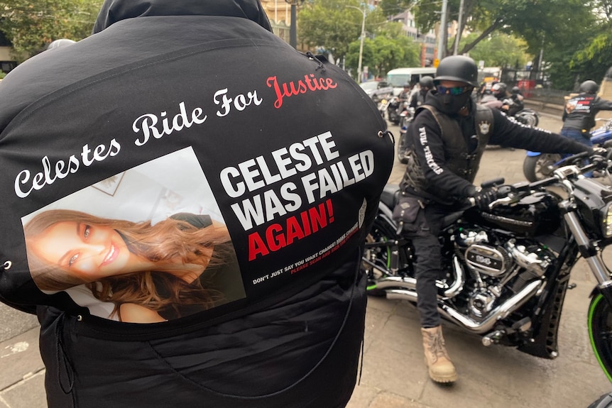Leather jacket featuring image of Celeste Manno and motorcyclist in background