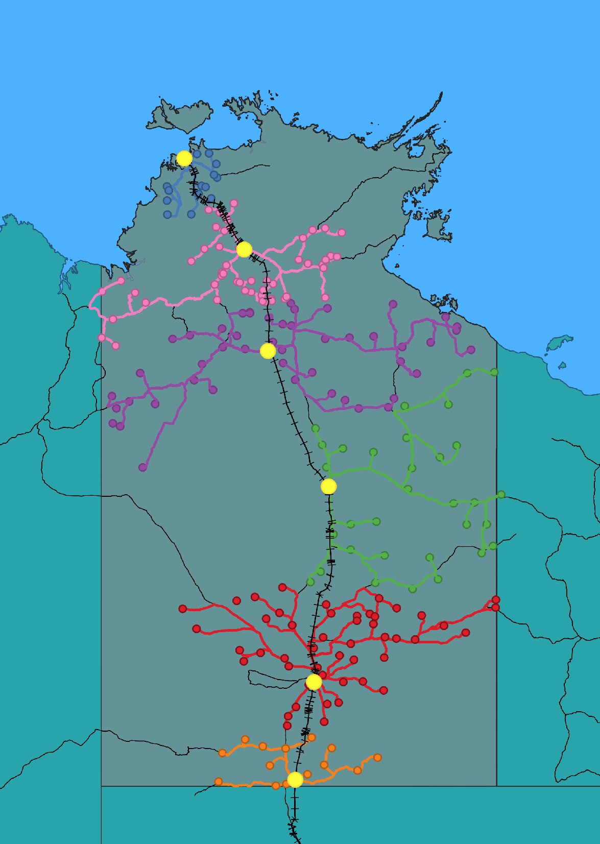A map showing station routes via truck to train. 