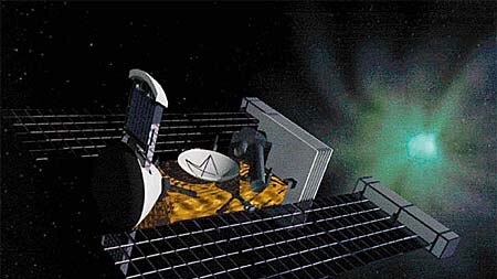 An artist's drawing of the Stardust spacecraft, which NASA expects to collect dust from the comet Wi