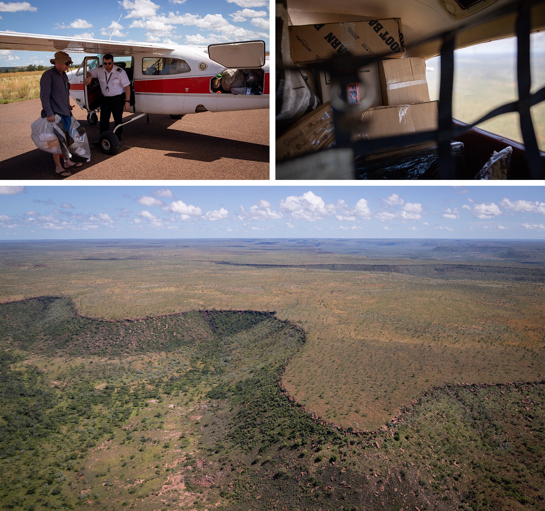 A grid of three photos showing a small plane filled with parcels and boxes and an aerial view of vast outback escarpments.