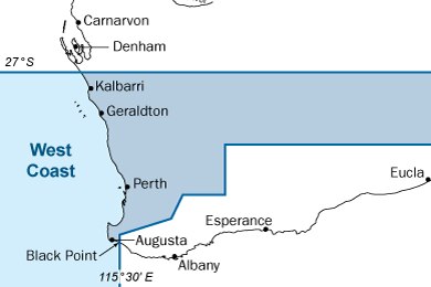 A map of the Western Australia's coast, with the lower half from Kalbarri to Augusta marked in blue.