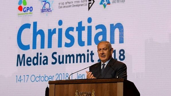 Netanyahu speaks at Christian summit in Jerusalem.