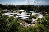 Nibok refugee settlement on Nauru. It is a row of rectangular accommodation units.