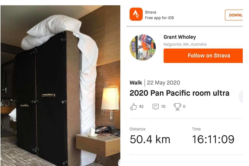 A marathon runner in hotel room where he ran a marathon.