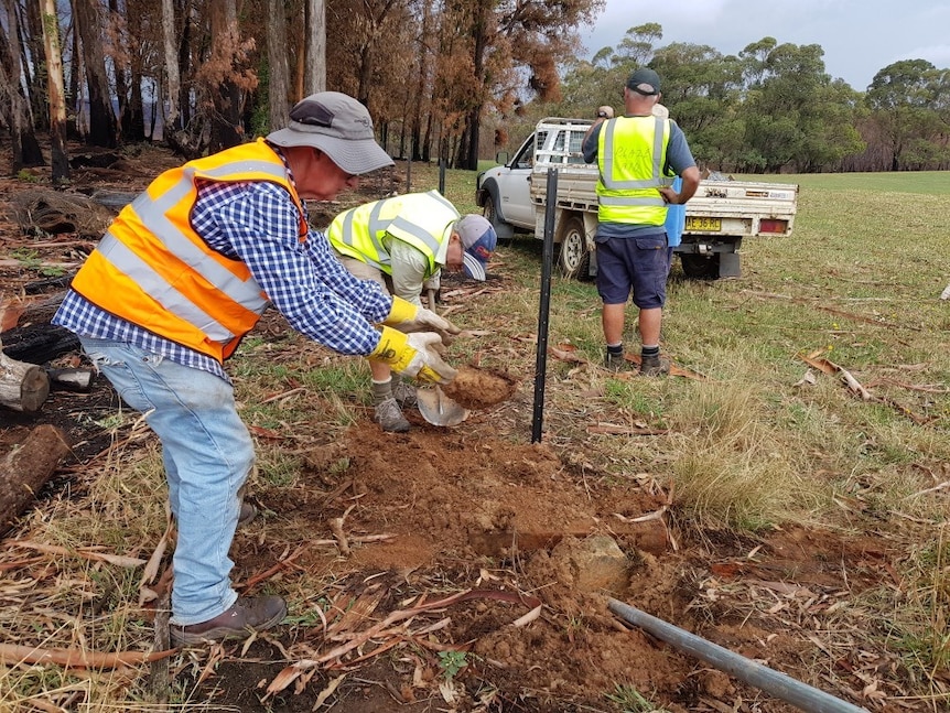 Three mean wearing high visibility work vest digging holes for fence posts with burnt tress in the background.