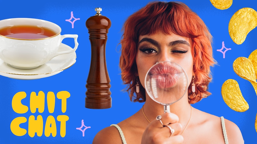 singer bella amor kisses a magnifying glass, surrounded by images of tea, a pepper grinder and chips.