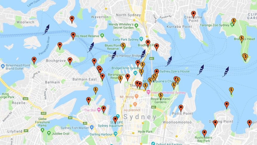 A map of the free and ticketed areas for Sydney New Year's Eve fireworks