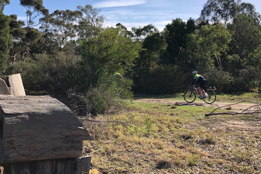 A police officer on a bicycle patrols Royal Park.