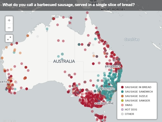 Mapping words around Australia: What do you call a barbecued sausage, served in a single slice of bread?