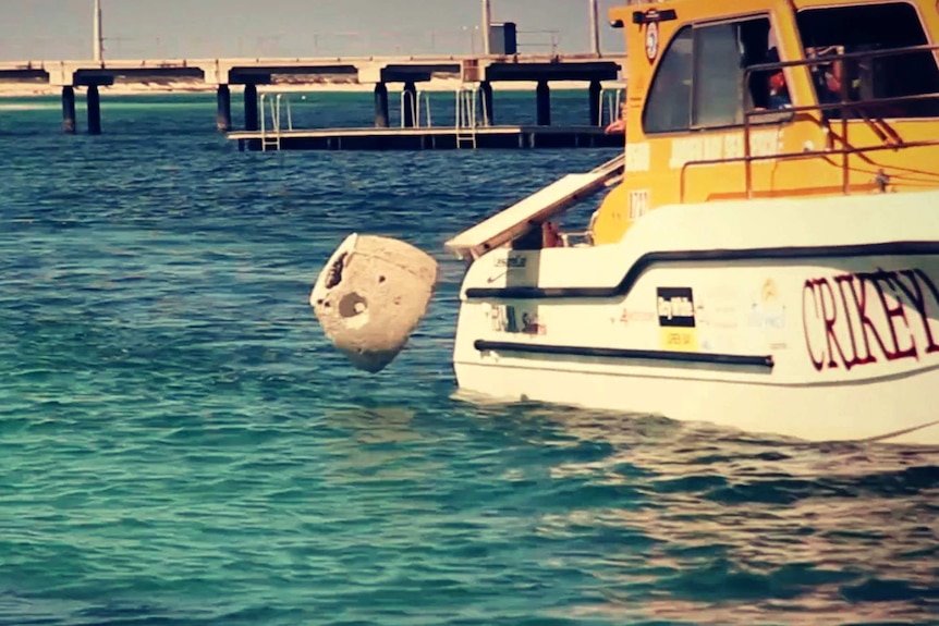 Ashes inside an artificial reef ball are dropped into the Indian Ocean at Jurien Bay in WA.