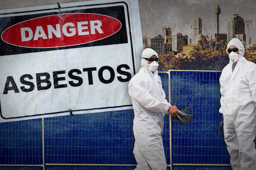 illustration of a sign that reads danger asbestos and two men wearing white hazmat suits in front of Sydney skyline
