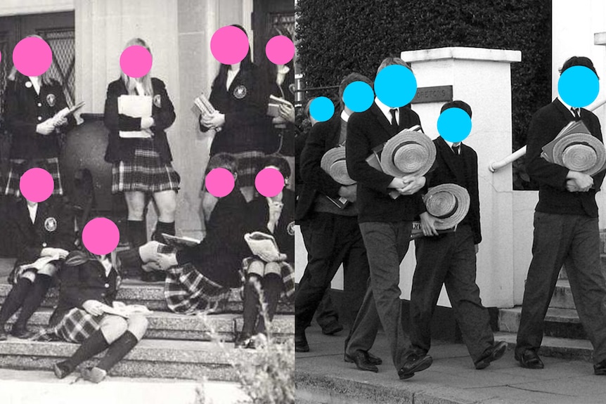 A graphic of black and white photos of an all-girls school and an all-boys school, with coloured dots over their faces.