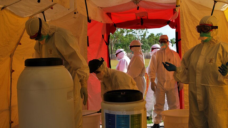 Doctors and nurses in protective suits in a training exercise to prepare for an Ebola outbreak