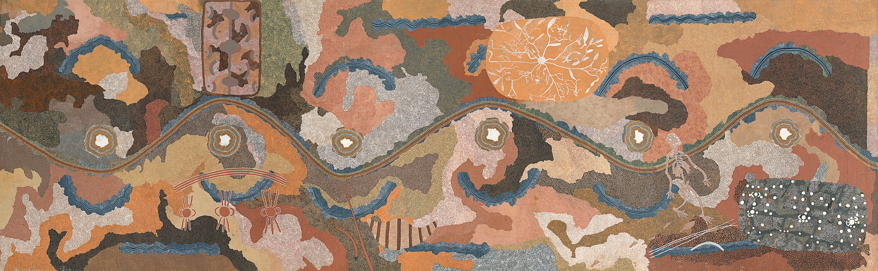 A wide painting of Dreamings, including images of bush foods, white dots against a dark background, and a skeletal figure.