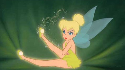 Tinkerbell from the movie Peter Pan sits on a leaf.