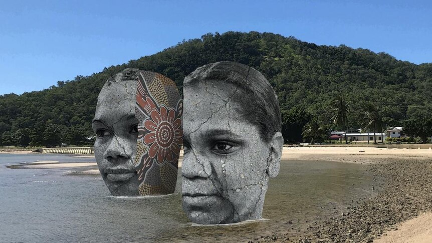 Two indigenous heads in half, with the other half coloured in indigenous dot paintings.