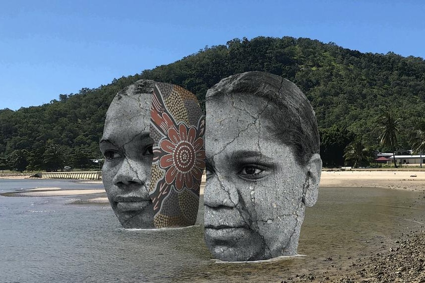 Two indigenous heads in half, with the other half coloured in indigenous dot paintings.