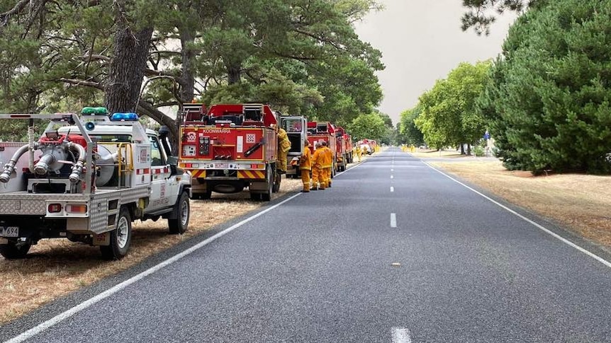 A white ute and red fire trucks line a road in rural Victoria under large trees. Fire fighters in orange stand with the trucks 