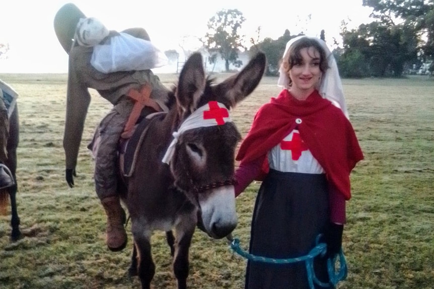 A woman and a donkey, both dressed up in World War I clothing.
