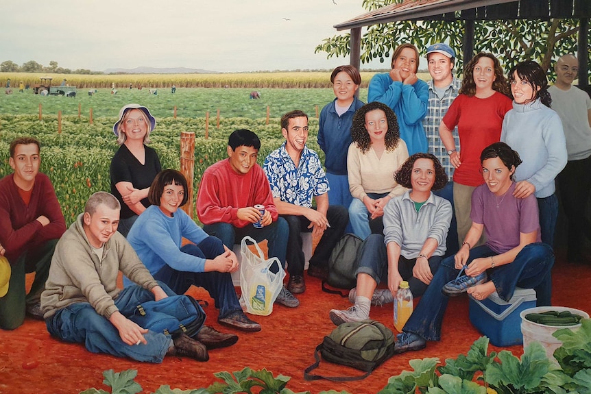 A painting of the 15 people killed in the Childers Palace Backpacker fire in 2000.