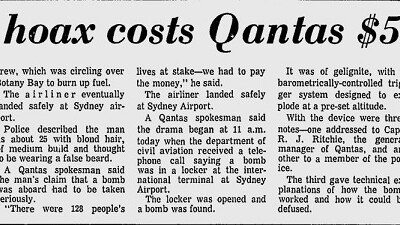 A newspaper clipping with the headline Bomb hoax costs Qantas $550,000.