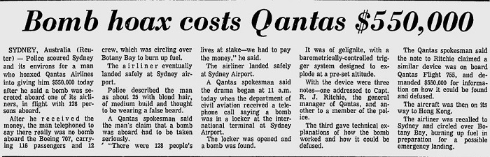 A newspaper clipping with the headline Bomb hoax costs Qantas $550,000.