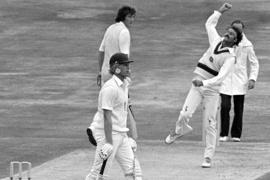 An Australian male bowler celebrates dismissing an English batter during the 1981 Ashes series.