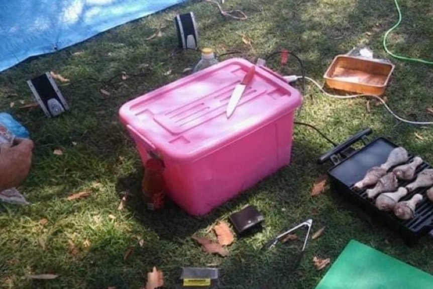 A pink box sits with a kitchen knife on it, next to it chicken cooks on a camping stove. 