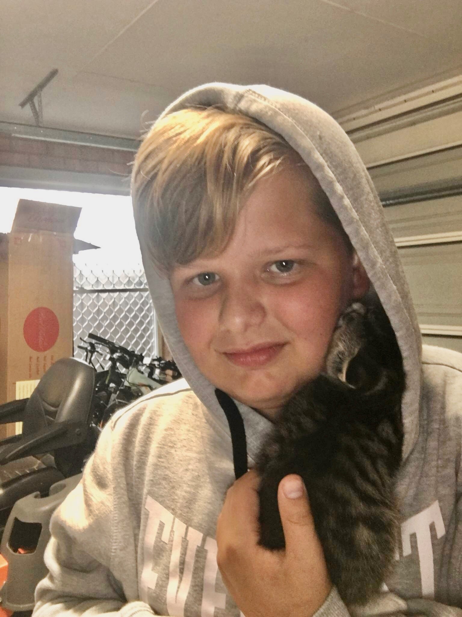 A boy wearing a hoodie hugs a kitten.