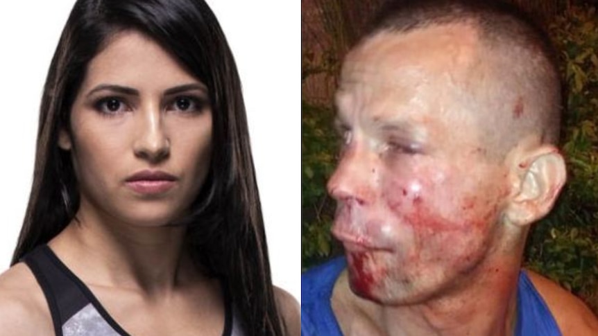 A composite image of UFC fighter Polyana Viana and the would-be thief covered in blood and scratches