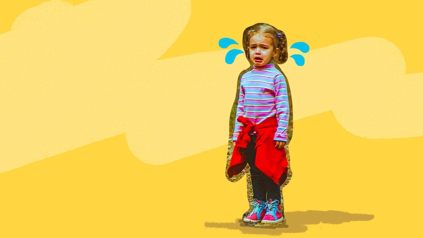 A very young girl in a stripy shirt looks toward the viewer and cries for a story about ways to avoid raising a bully.